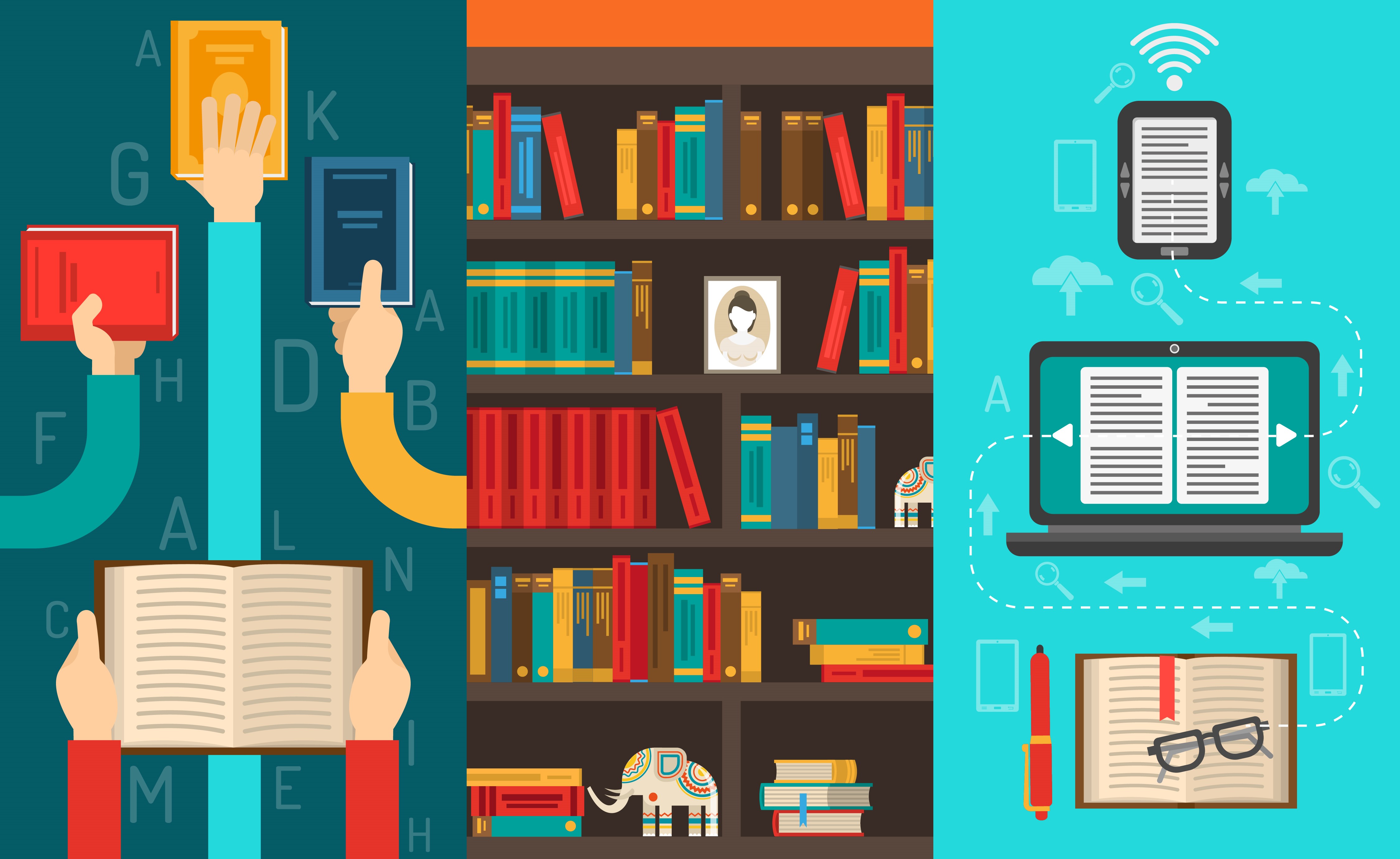 Illustration of a village landscape with trees, houses, mountains, sun, and clouds in a colorful flat style